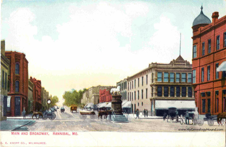 Intersection of Main Street and Broadway, Hannibal, Missouri, vintage postcard, historic photo