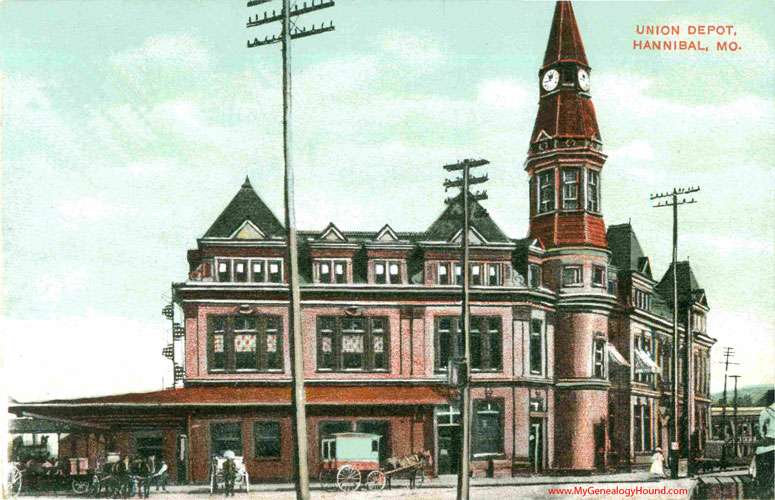 Hannibal, Missouri, Union Depot, 1909, vintage postcard, historic photo, railroad, train station