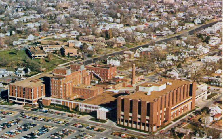 Independence Sanitarium and Hospital building in an aerial view, vintage postcard, photo