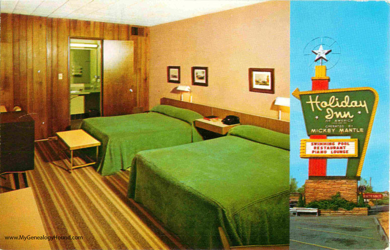 A view of the room and sign of the Holiday Inn operated by Mickey Mantle in Joplin, Missouri.