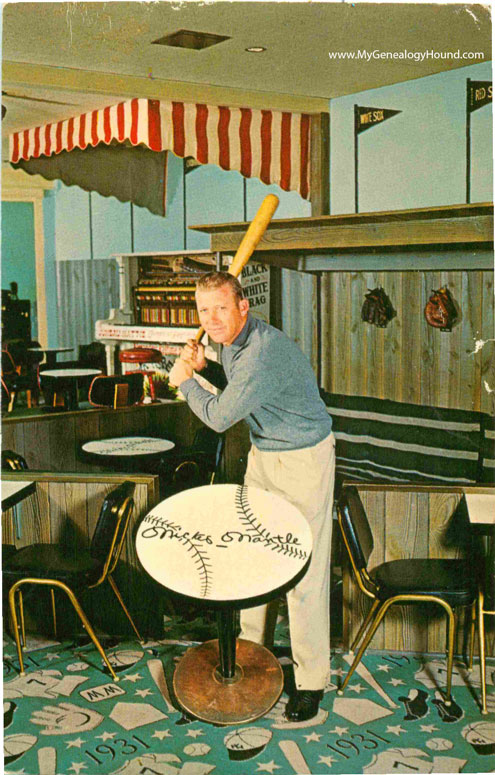 Mickey Mantle pictured on a vintage postcard in the Dugout Lounge at the Holiday Inn that he operated in Joplin, Missouri.