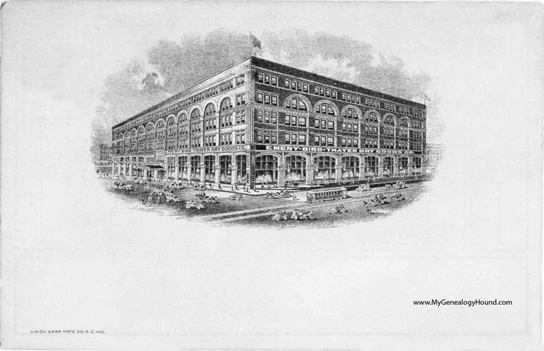 Kansas City, Missouri, Emery, Bird Thayer Dry Goods Co. Building, vintage postcard photo, grayscale