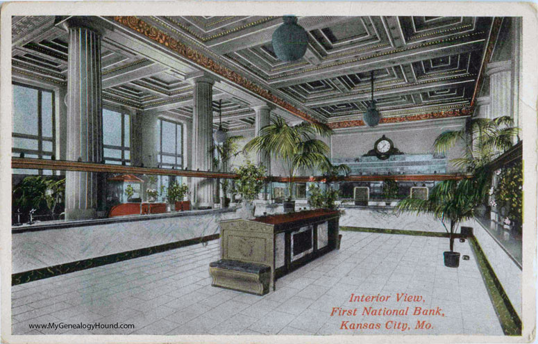 Kansas City, Missouri, Interior view of First National Bank, vintage postcard photo