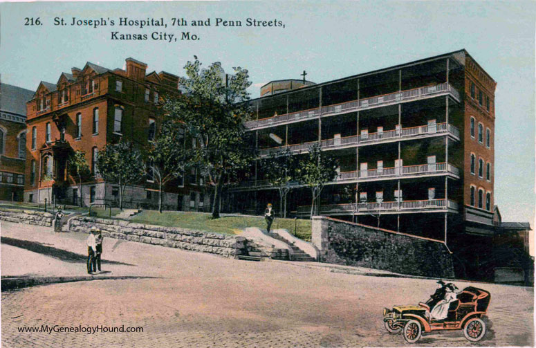 Original St. Joseph Hospital, Kansas City, Missouri, 7th Street and Pennsylvania. Vintage postcard, photo.