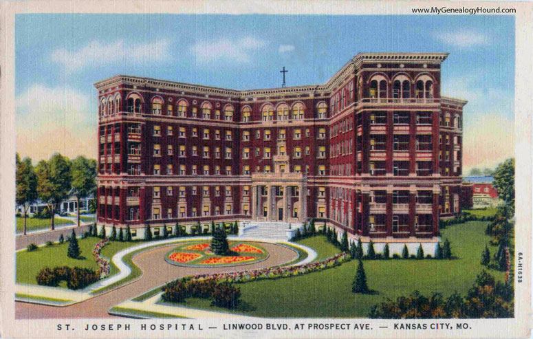 St. Joseph Hospital, Kansas City, Missouri at the Linwood Boulevard and Prospect location, 1940's. Vintage postcard, photo.
