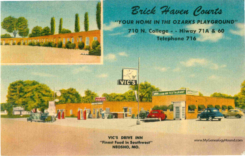 Neosho, Missouri, Brick Haven Courts, Vic's Drive Inn, vintage postcard, historic photo