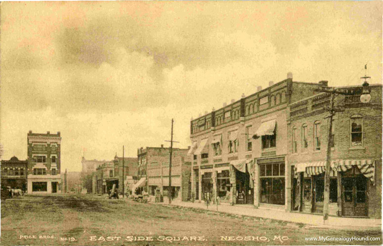Neosho, Missouri, East Side of the Square, vintage postcard, historic photo, one