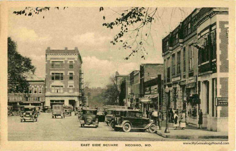 Neosho, Missouri, East Side of the Square, vintage postcard, historic photo, two
