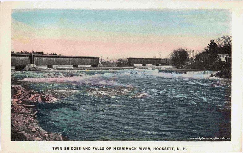 Hooksett, New Hampshire, Twin Bridges and Falls on Merrimack River, Covered Bridges, vintage postcard, photo