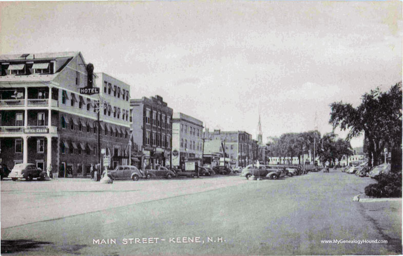 Main Street, Keene, New Hampshire. The building at left is the Ellis Hotel. Postcard, photo. 1940's.