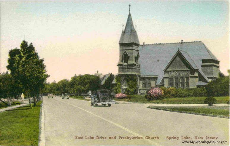 Spring Lake, New Jersey, East Lake Drive and Presbyterian Church, vintage postcard, historic photo