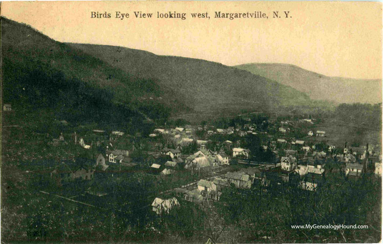 Margaretville, New York, Birds Eye View looking West, vintage postcard photo, grayscale