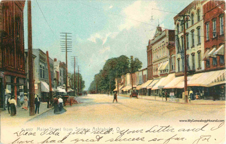 Ashtabula, Ohio, Main Street from Spring, vintage postcard, historic photo