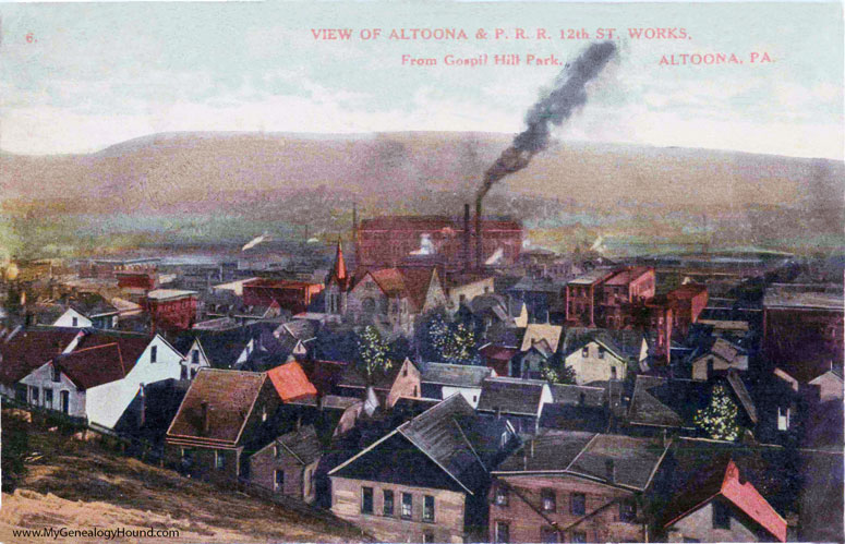 Altoona, Pennsylvania, View of Altoona and PRR 12th St Works from Gospel Hill Park, vintage postcard photo