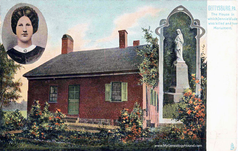 Gettysburg, Pennsylvania, The House in which Jennie Wade was killed and her monument, tombstone, vintage postcard photo
