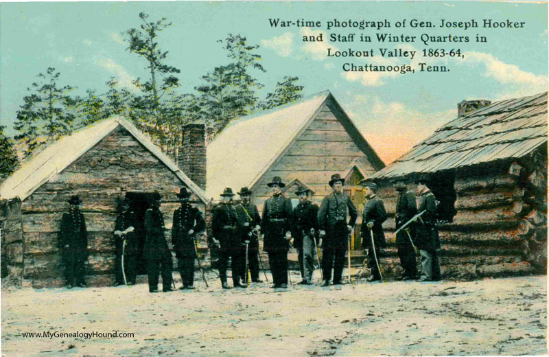 Chattanooga, Tennessee, War-time photo Gen. Hooker and Staff in Winter Quarters, vintage postcard, historic photo