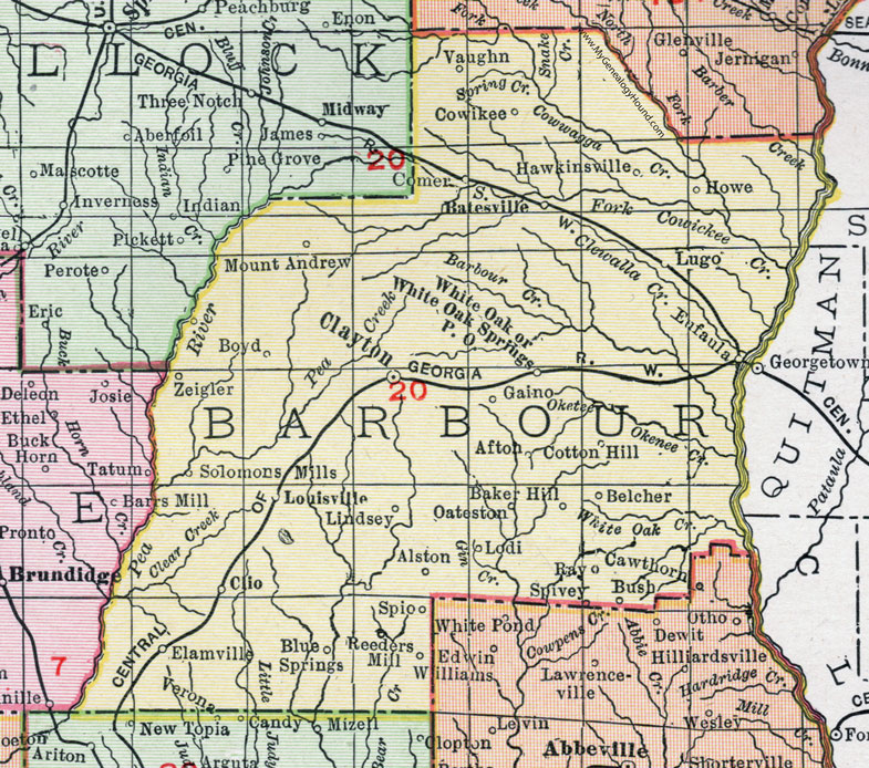 Barbour County, Alabama, Map, 1911, Eufaula, Clayton, Clio, Batesville, Comer, Baker Hill, Louisville, Mt. Andrew, Cowikee, Belcher, Lodi, Lindsey, Solomons Mills, Elamville, Reeders Mill Barbour County, Alabama, Map, 1911, Eufaula, Clayton, Clio, Batesville, Comer, Baker Hill, Louisville, Mt. Andrew, Cowikee, Belcher, Lodi, Lindsey, Solomons Mills, Elamville, Reeders Mill