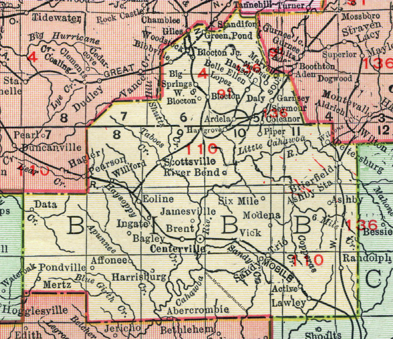 Bibb County, Alabama, Map, 1911, Centreville, West Blocton, Brent, Lawley, Randolph, Ashby, Brierfield, Marvel, Woodstock, Eoline, Affonee, Abercrombie, Modena, Garnsey, Coleanor