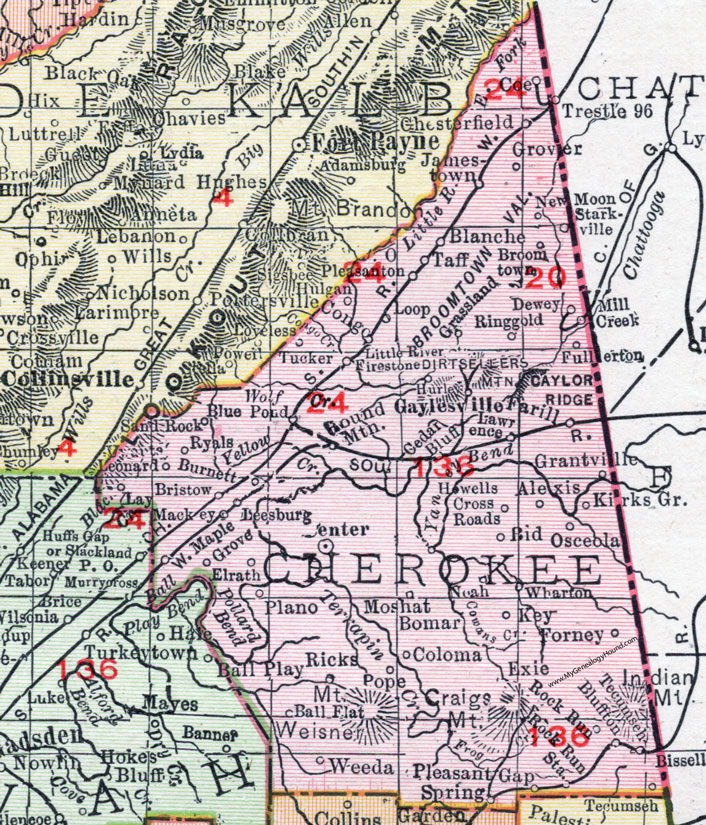 Cherokee County, Alabama, Map, 1911, Centre, Cedar Bluff, Gaylesville, Forney, Pleasant Gap, Spring Garden, Leesburg, Blanche, Ringgold, Coloma, Bomar, Moshat, Weeda, Tecumseh, Chesterfield