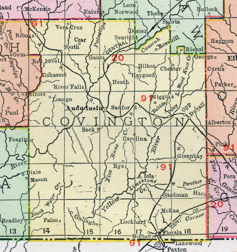 Covington County, Alabama, Map, 1911, Andalusia, Opp, Florala, Lockhart