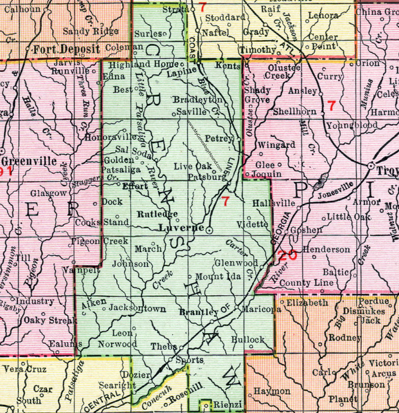 Crenshaw County, Alabama, Map, 1911, Luverne, Brantley, Rutledge, Honoraville, Highland Home, Petrey, Glenwood, Dozier, Searight, Bullock, Maricopa, Norwood, Aiken, Vidette, Patsaliga, Surles, Sal Soda, Saville, Lapine