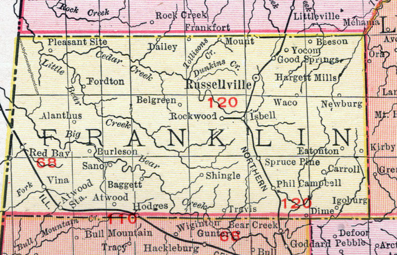 Franklin County, Alabama, Map, 1911, Russellville, Red Bay, Phil Campbell
