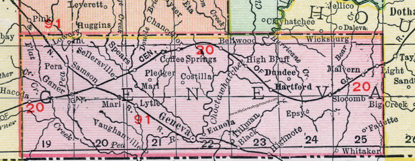 Geneva County, Alabama, Map, 1911, Geneva City, Samson, Hartford, Slocomb