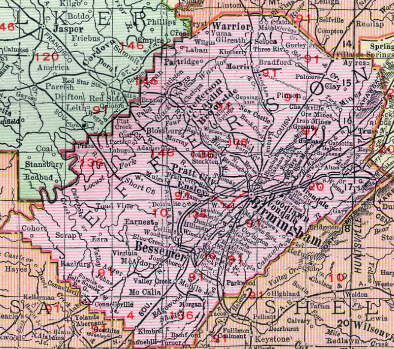 Jefferson County, Alabama, Map, 1911, Birmingham, Bessemer, Trussville, Leeds