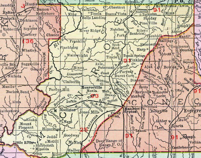 Monroe County, Alabama, Map, 1911, Monroeville, Beatrice, Claiborne, Peterman