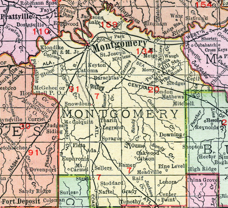 Montgomery County, Alabama, Map, 1911, Montgomery City, Mt. Meigs, Sprague, Ramer, Grady