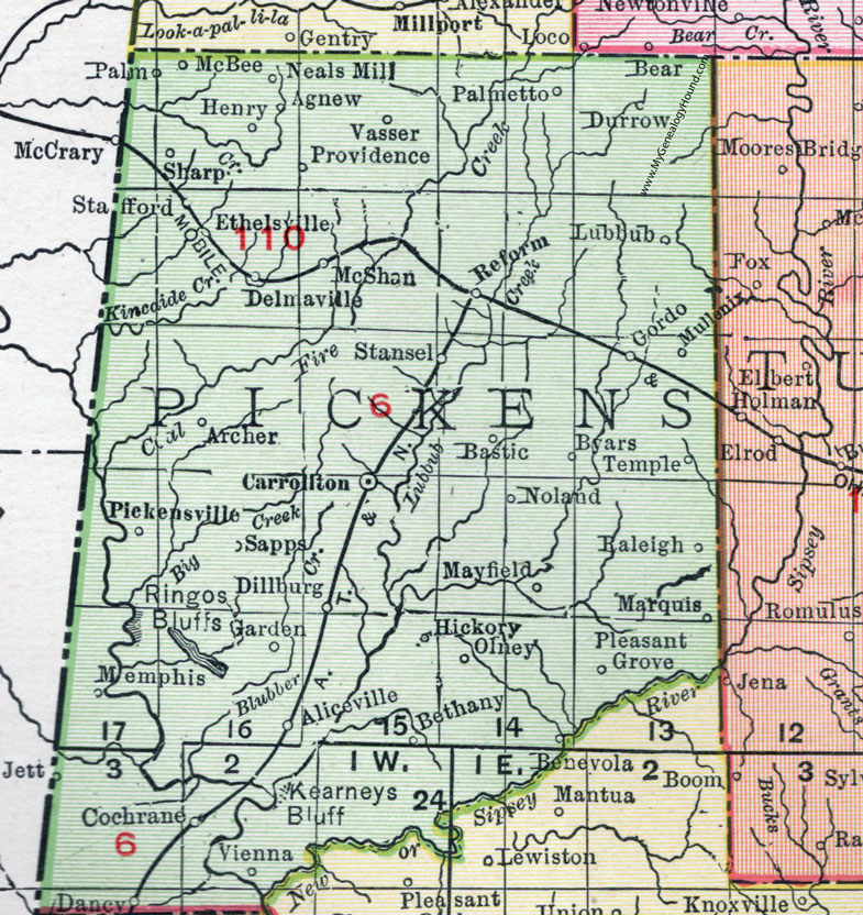 Pickens County, Alabama, Map, 1911, Carrollton, Aliceville, Gordo, Reform