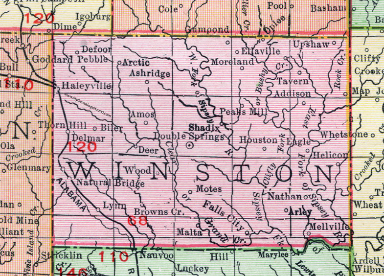 Winston County, Alabama, Map, 1911, Double Springs, Haleyville, Natural Bridge, Addison, Lynn
