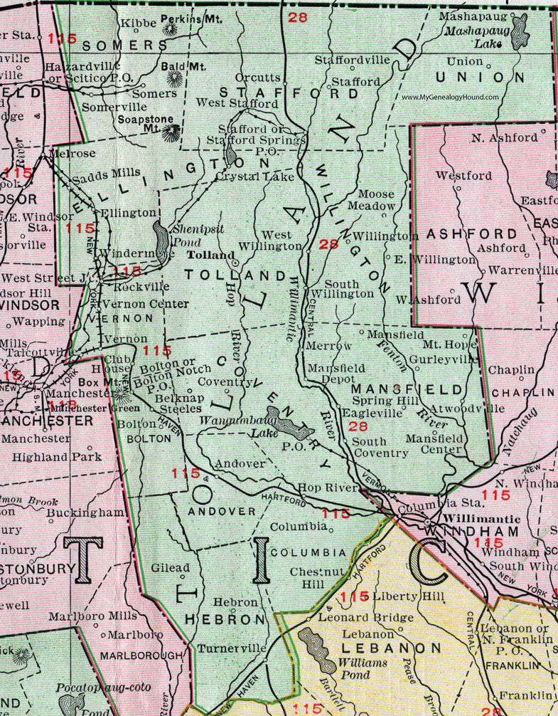 Tolland County, Connecticut, 1911, Map, Rand McNally, Rockville, Coventry, Stafford Springs, Vernon, Hebron, Andover, Bolton, Mansfield Depot, Mansfield Center, Somers, Somersville, Ellington