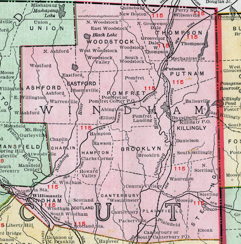 Windham County, Connecticut, 1911, Map, Rand McNally, Willimantic, Putnam, Danielson, Moosup, Wauregan, Dayville, Canterbury, Brooklyn, Woodstock Valley, Ballouville, Grosvenor Dale