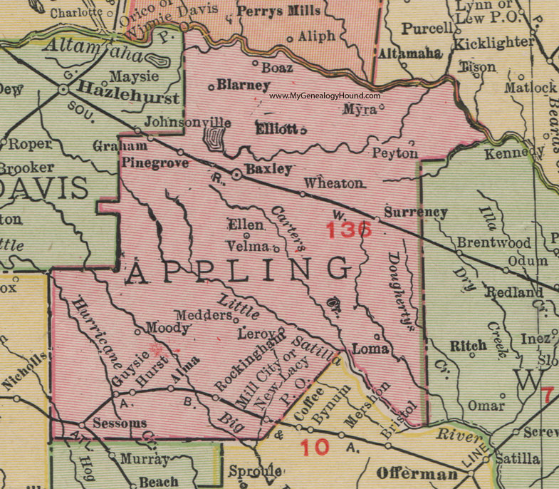 Appling County, Georgia, Map, 1911, Rand McNally, Baxley, Surrency, Graham, Blarney, Medders, Guysie, Sessoms, Myra, Peyton