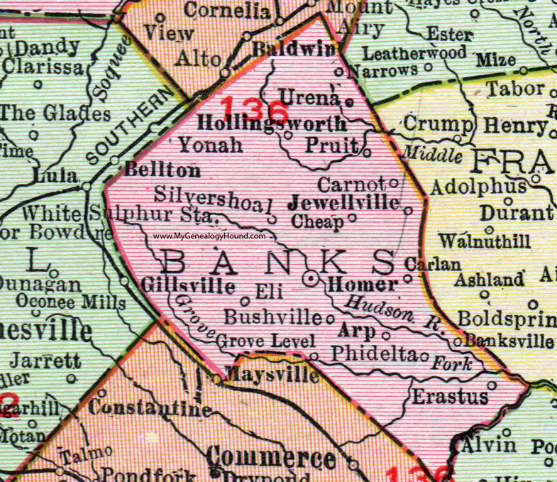 Banks County, Georgia, 1911, Map, Rand McNally, Homer, Hollingsworth, Silver Shoal, Urena, Pruit, Carnot, Jewelville, Bushville, Carlan, Phidelta, Erastus