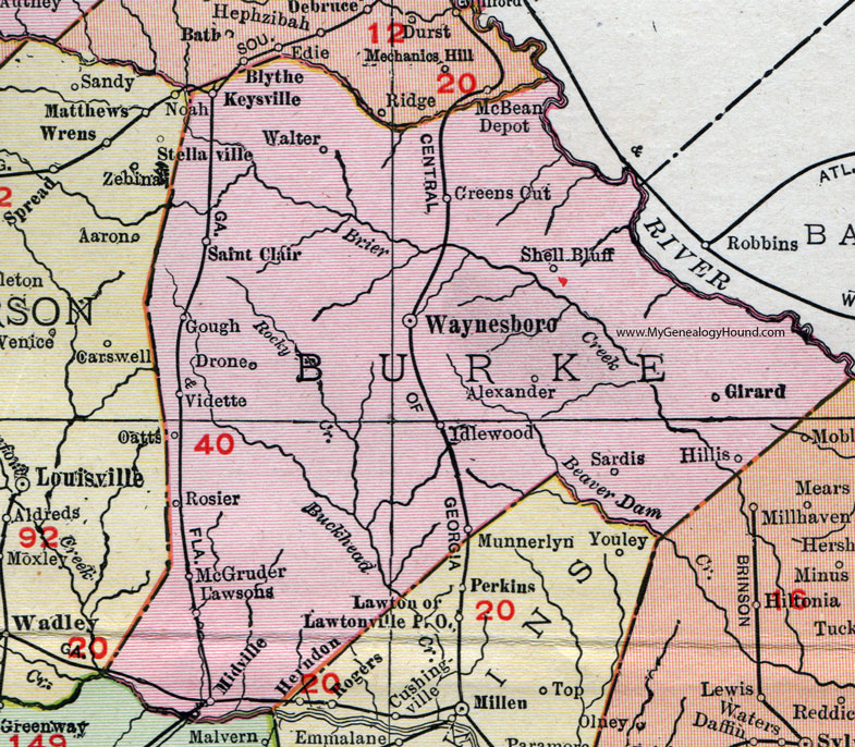 Burke County, Georgia, 1911, Map, Rand McNally, Waynesboro, Sardis, Midville, Gough, St. Clair, Vidette, Rosier, Keysville, Munnerlyn, Alexander, Girard, Greens Cut
