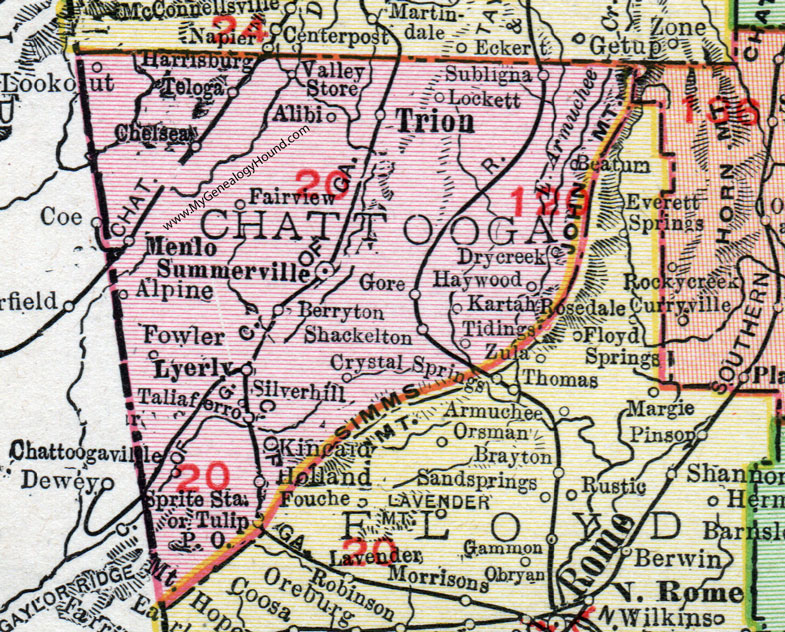 Chattooga County, Georgia, 1911, Map, Rand McNally, Summerville, Trion, Menlo, Lyerly, Holland, Chattoogaville, Alibi, Subligna, Haywood, Gore, Shackelton, Taliaferro