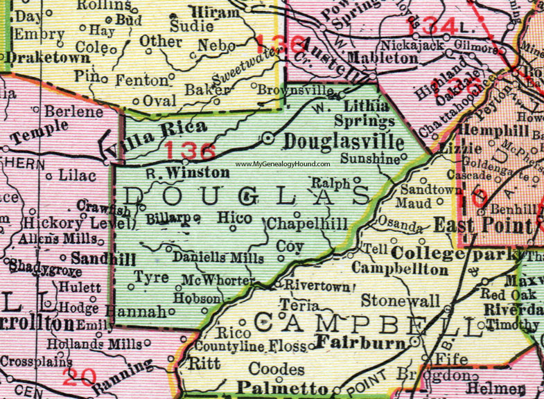 Douglas County, Georgia, 1911, Map, Rand McNally, Douglasville, Lithia Springs, Winston, McWhorter, Hobson, Tyre, Bill Arp, Daniells Mills, Chapel Hill, Coy, Hannah, Sunshine, Crawfish
