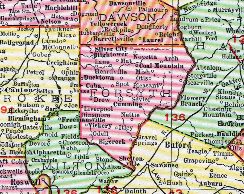Forsyth County, Georgia, 1911, Map, Rand McNally, Cumming, Coal Mountain, Big Creek, Silver City, Storeville, Oscarville, Sevier, Liverpool, Odell, Cuba, Vickery, Ducktown, Novetta, Mish, Nettie