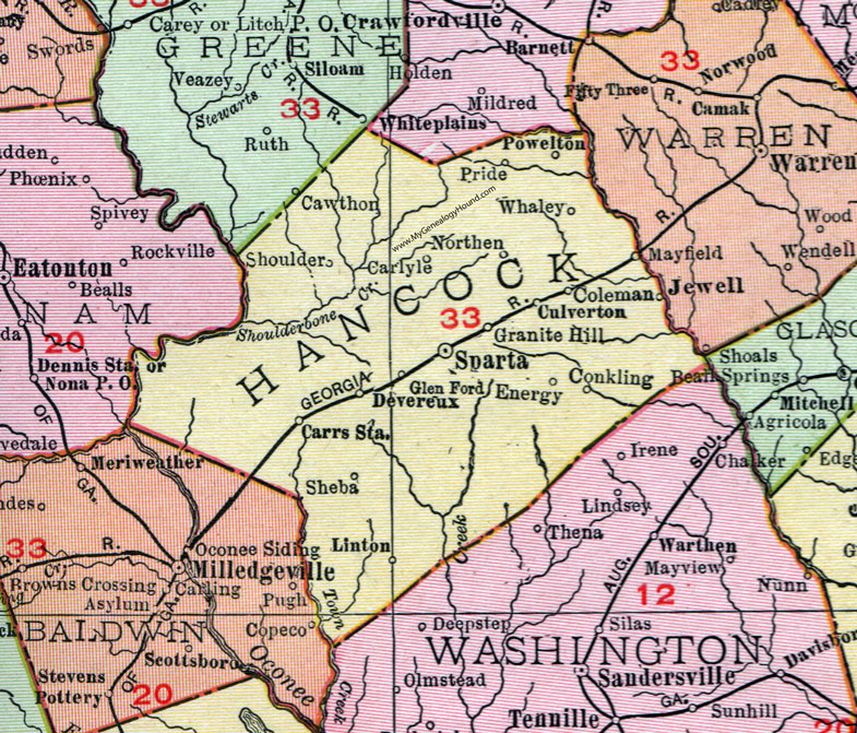 Hancock County, Georgia, 1911, Map, Rand McNally, Sparta, Devereux, Linton, Powelton, Culverton, Carlyle, Whaley, Northen, Conkling, Sheba, Mayfield, Granite Hill, Coleman, Shoulder, Glen Ford