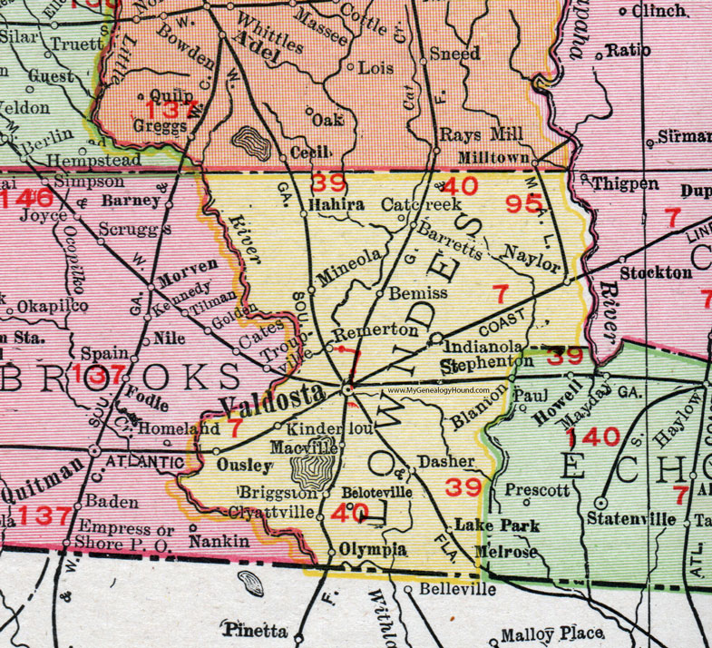 Lowndes County, Georgia, 1911, Map, Rand McNally, Valdosta, Hahira, Clyattville, Dasher, Naylor, Kinderlou, Lake Park, Bemiss, Barretts, Catcreek, Dasher, Ousley, Remerton, Olympia