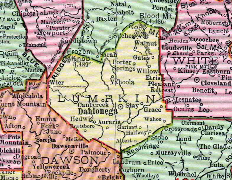 Lumpkin County, Georgia, 1911, Map, Rand McNally, Dahlonega, Yahoola, Wahoo, Garland, Halfway, Albert, Cane Creek, Hedwig, Burtsboro, Porter Springs, Walnut, Gates, Wier, Halfway