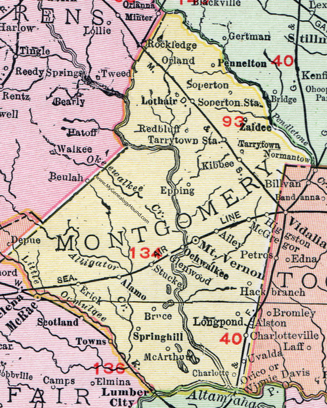 Montgomery County, Georgia, 1911, Map, Mt. Vernon, Alamo, Glenwood, Uvalda, Alston