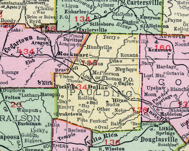 Paulding County, Georgia, 1911, Map, Dallas, Yorkville, Hiram, New Hope, Fenton