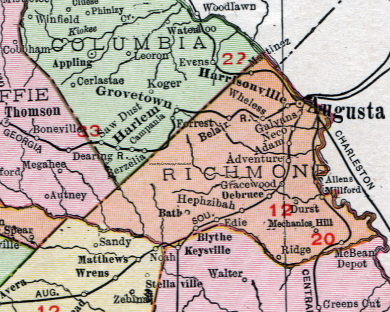 Richmond County, Georgia, 1911, Map, Rand McNally, Augusta, Gracewood, Harrisonville, Wheless, Belair, Galyans, Neco, Adventure, Debruce, Hephzibah, Blythe, Mechanics Hill, Durst, Millford, Allens