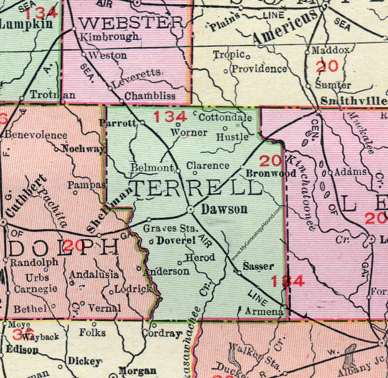 Terrell County, Georgia, 1911, Map, Dawson, Bronwood, Sasser, Herod, Parrott, Worner