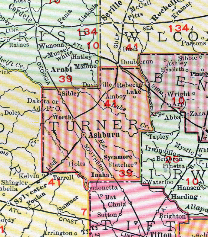 Turner County, Georgia, 1911, Map, Ashburn, Sycamore, Rebecca, Dakota, Inaha, Sibley