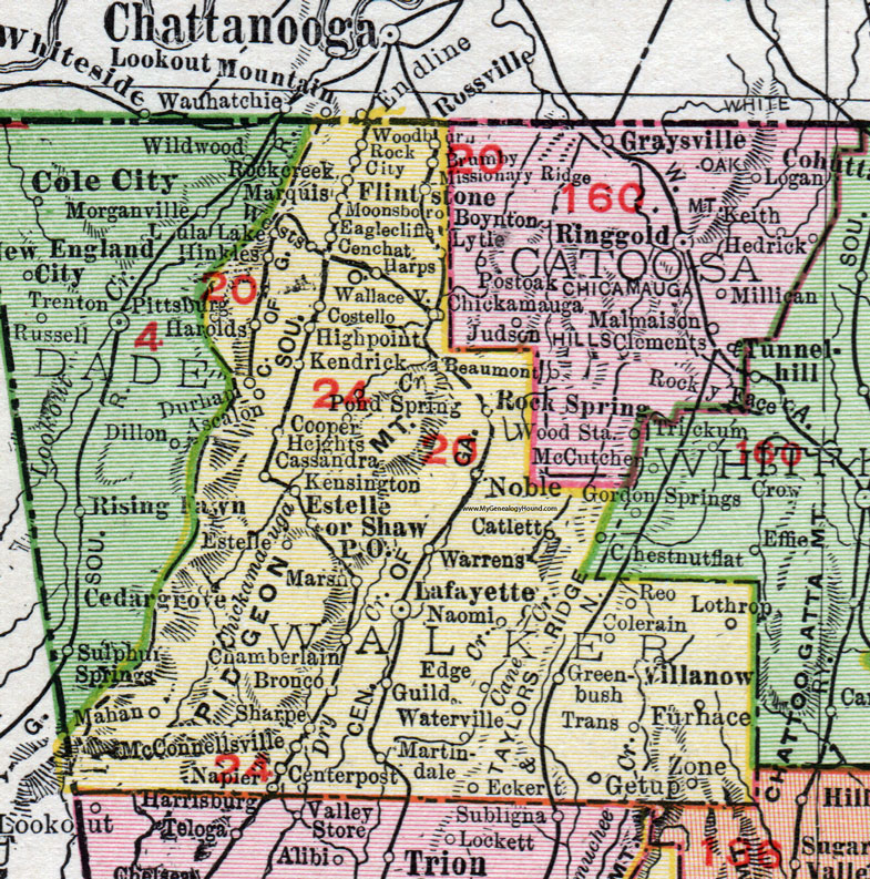 Walker County, Georgia, 1911, Map, Rand McNally, Lafayette, Flintstone, Chickamauga, Rock Spring, Center Post, Cooper Heights, Costello, Eckert