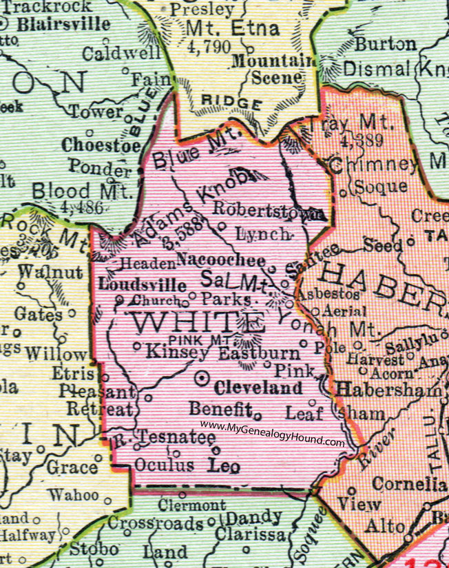 White County, Georgia, 1911, Map, Cleveland, Asbestos, Lynch, Loudsville, Kinsey, Santee